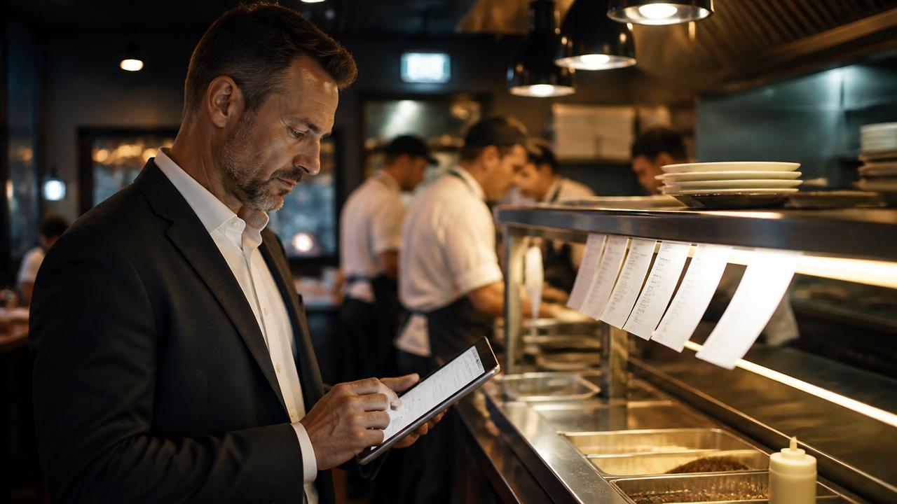 Gerente de restaurante revisando órdenes en una tableta POS junto a la línea de cocina