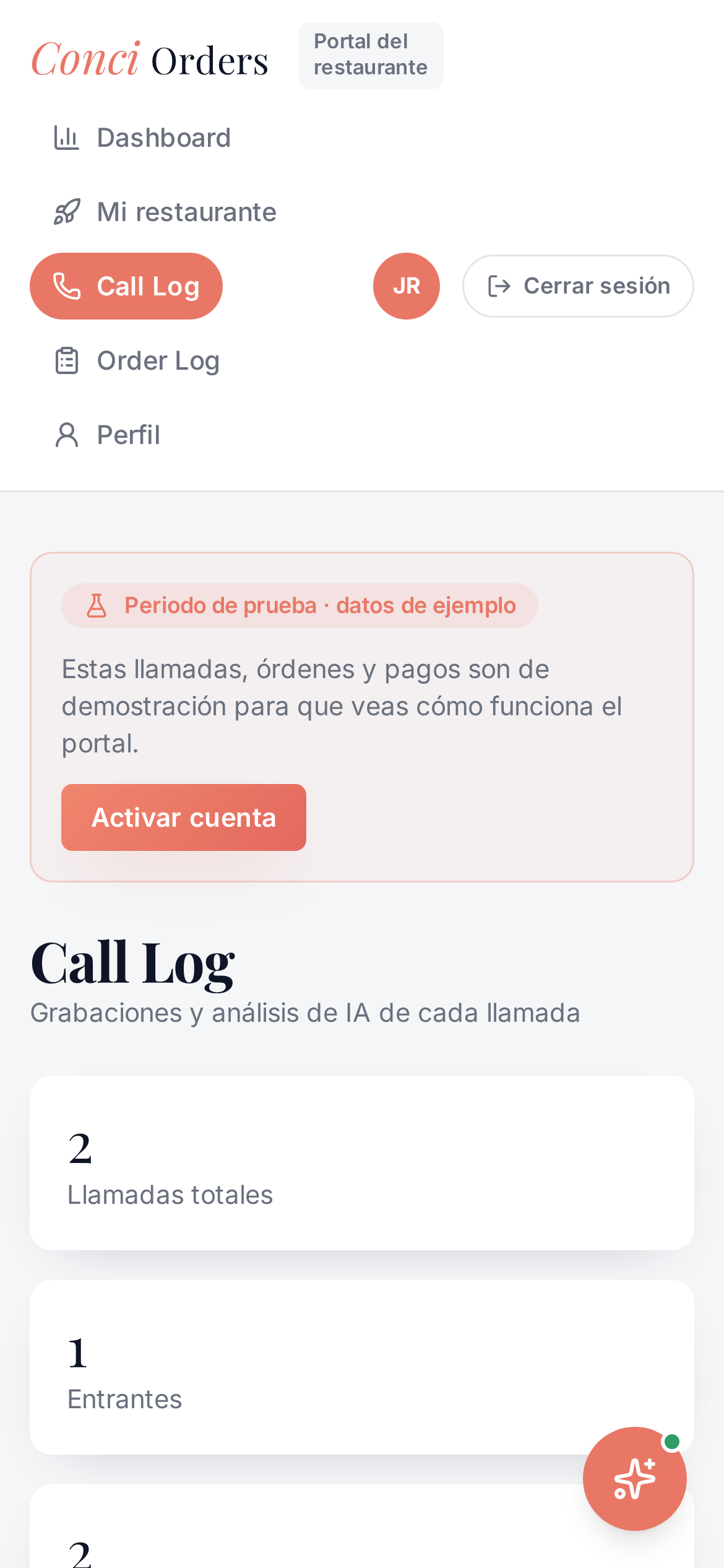 Call Log de Conci Orders en móvil con grabaciones y análisis de IA